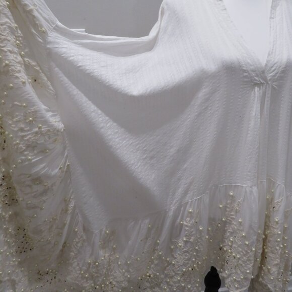 Antica Sartoria White Cotton Pearl Beaded Embroidered Caftan Dress Resort Wear - Picture 4 of 6